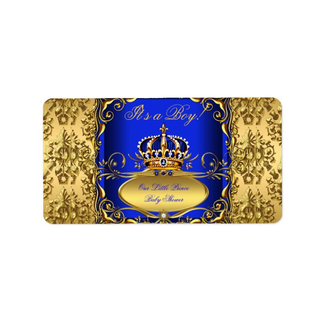 Royal Blue Damask Gold Crown Baby Shower Boy RB3 Adressaufkleber (Vorne)