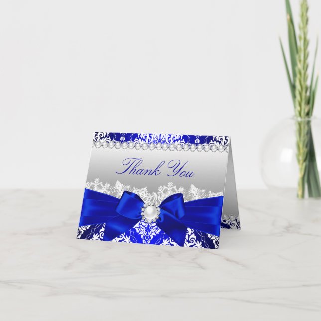 Royal Blue Damask & Pearl Bow Danke-Karte Dankeskarte (Vorderseite)