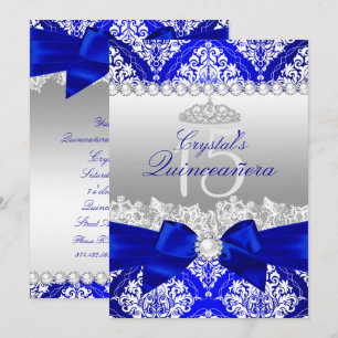 Royal Blue Damask Pearl Bow Quinceanera Invitation