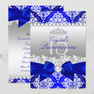 Royal Blue Damask Pearl Bow Quinceanera Invite Einladung