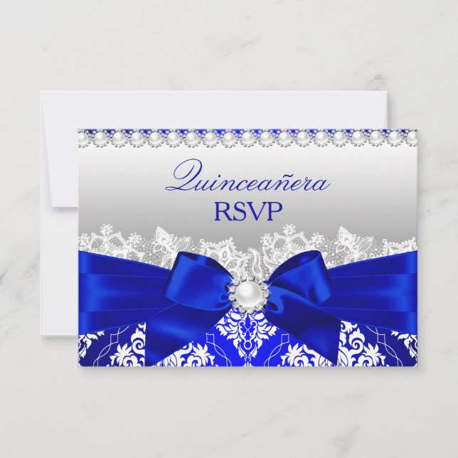 Royal Blue Damask & Pearl Bow Quinceanera RSVP (Devant)