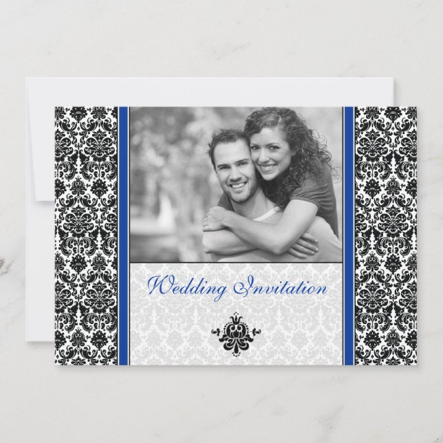 Royal Blue Damask Photo Faire-part de mariage (Devant)