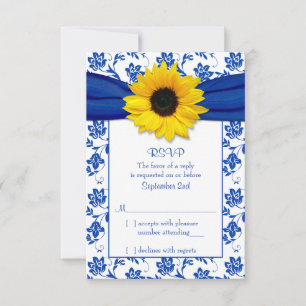 Royal Blue Damask Sunflower Wedding Carte RSVP