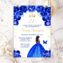 Royal Blue Dark Skin Princess Birthday Party Einladung