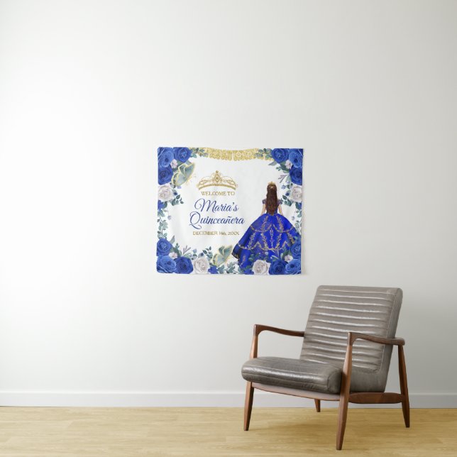 Royal Blue Dates Quinceañera Gold Willkommenszeich Wandteppich (Beispiel (Horizontal))