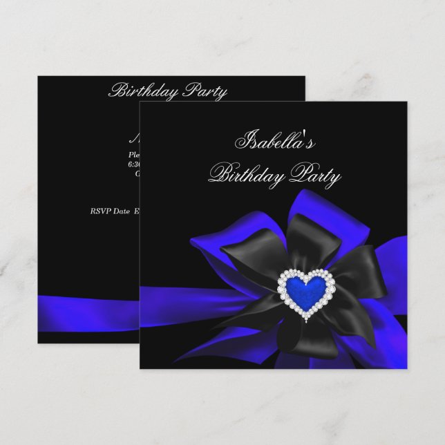 Royal Blue Diamond Heart Black Bow Birthday Party Einladung (Vorne/Hinten)