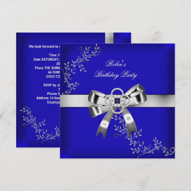 Royal Blue Diamond Jewel Silver Bow Einladung (Vorne/Hinten)