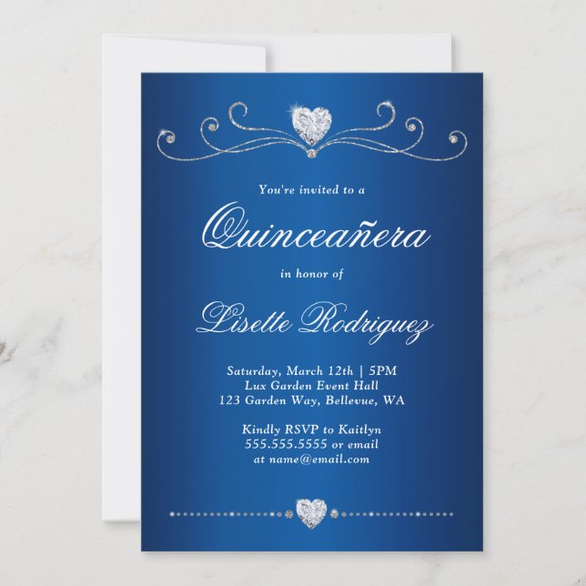 Royal Blue Diamond Swirl Elegant Quinceanera Einladung (Vorderseite)