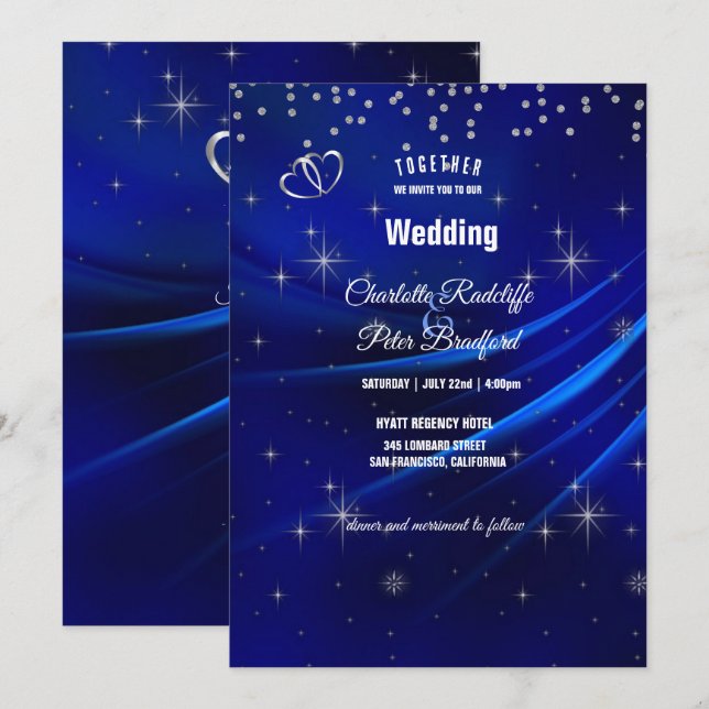 Royal Blue Diamonds and Hearts Wedding Einladung (Vorne/Hinten)