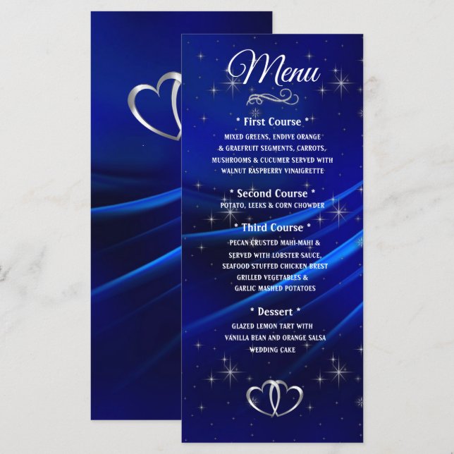 Royal Blue Diamonds and Hearts Wedding Menu Menükarte (Vorne/Hinten)