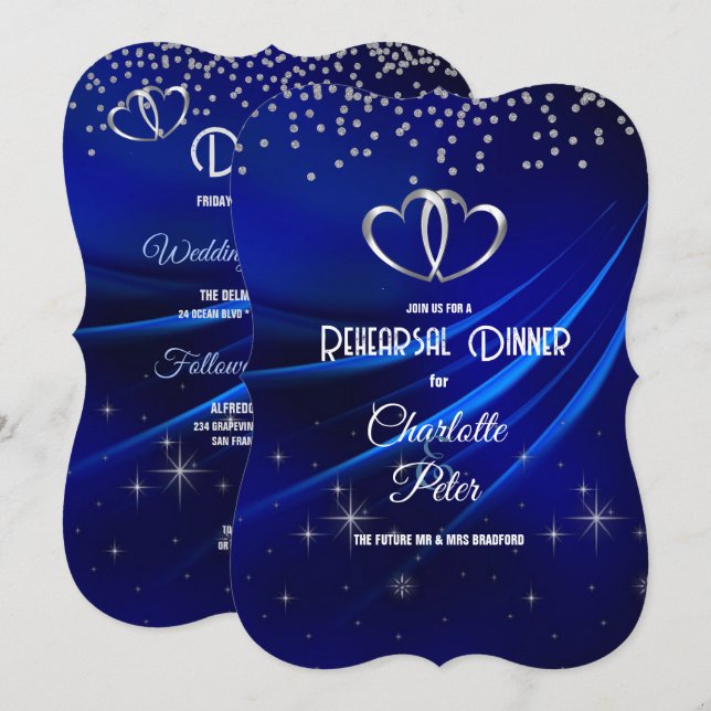 Royal Blue Diamonds & Hearts Probe Dinner Einladung (Vorne/Hinten)