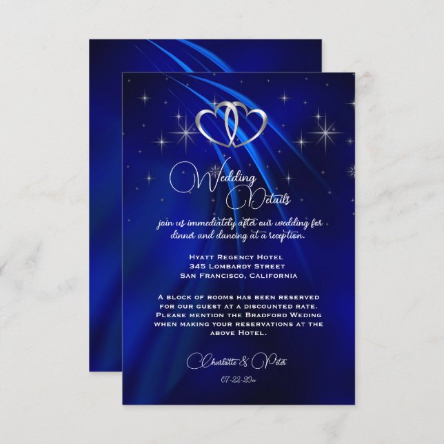 Royal Blue, Diamonds & Hearts Wedding Begleitkarte (Vorne/Hinten)