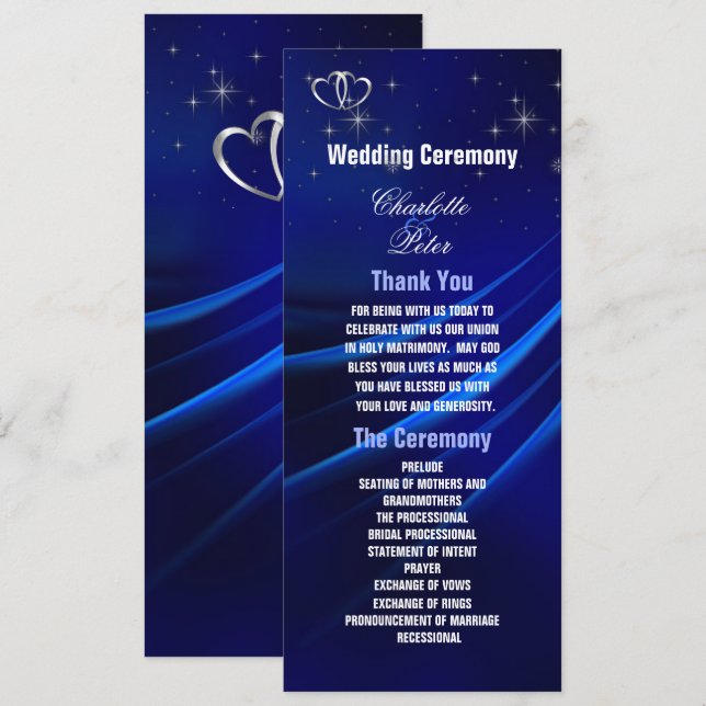 Royal Blue Diamonds/Hearts Wedding Program Card Einladung (Vorne/Hinten)