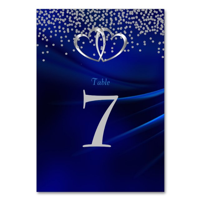 Royal Blue Diamonds & Hearts Wedding Table No Card Tischnummer (Vorderseite)