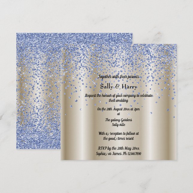 Royal Blue Diamonds Hochzeitsgold aus blauem Krist Einladung (Vorne/Hinten)