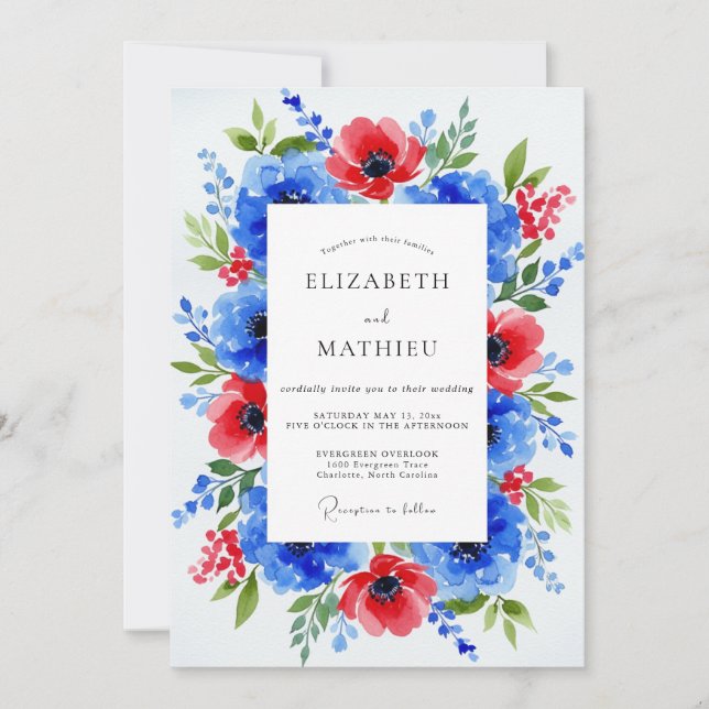 Royal Blue Dramatic Botanical Wedding Einladung (Vorderseite)