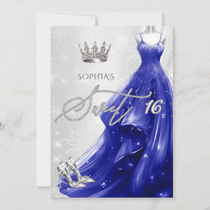 Royal Blue Dress Snowflakes Winter Sweet 16 Einladung