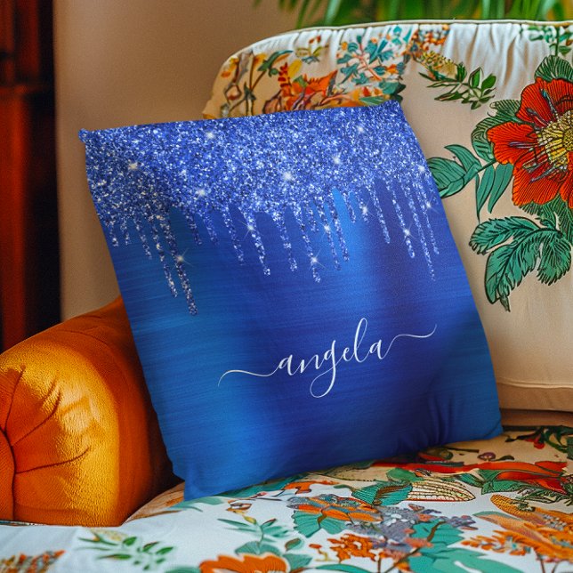 Royal Blue Dripping Glitzer Glam Name Kissen (Royal Blue Dripping Glitter Glam Name Throw Pillow)