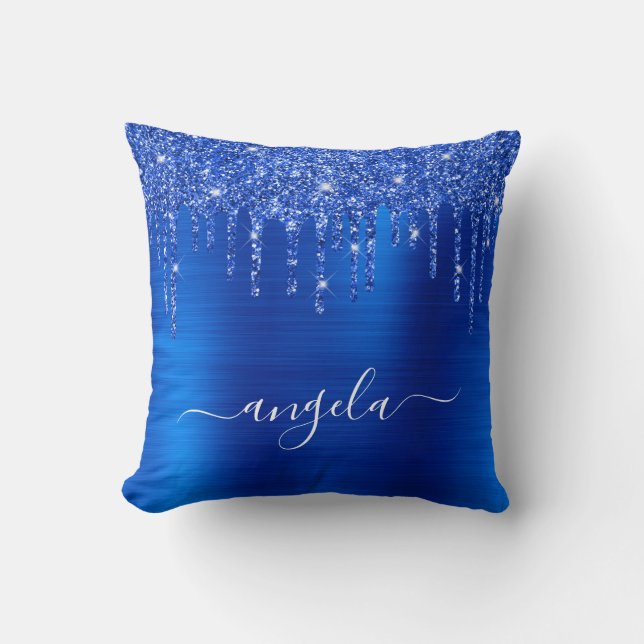 Royal Blue Dripping Glitzer Glam Name Kissen (Vorderseite)