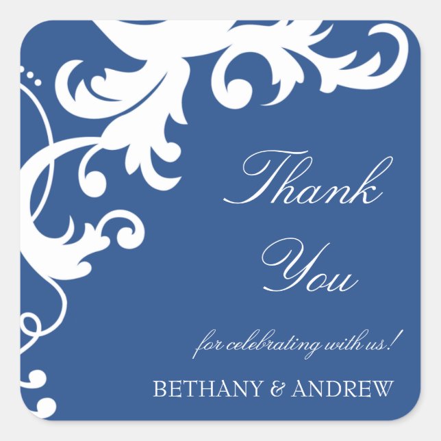Royal Blue Elegant Damask Danke Stickers (Vorderseite)