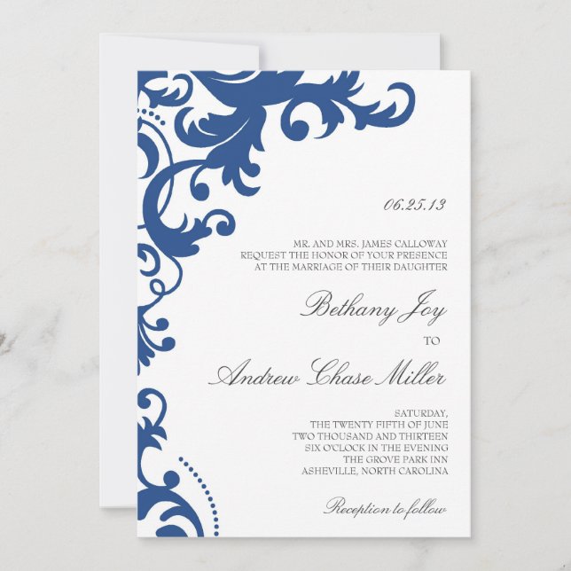 Royal Blue Elegant Damask Einladung (Vorderseite)