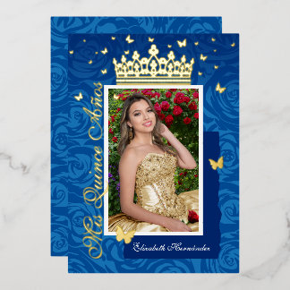 Royal Blue Elegant Foto Quinceñera Gold Folieneinladung