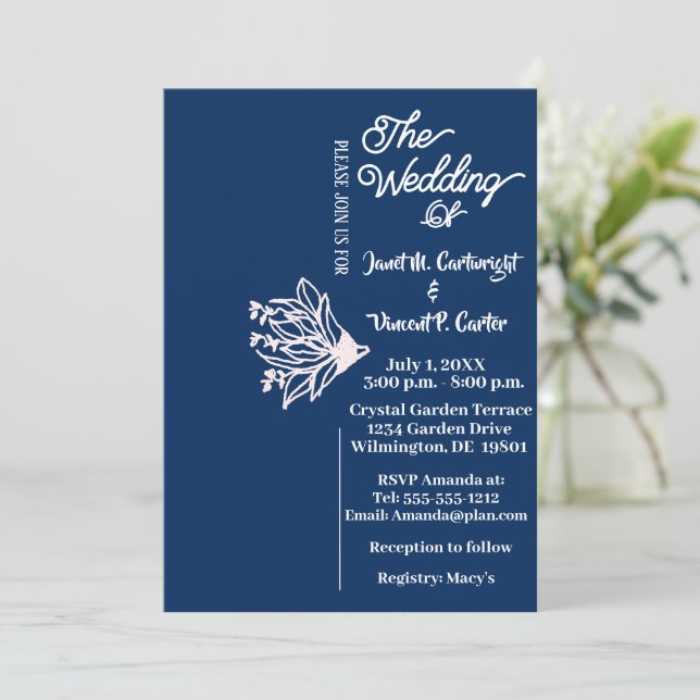 Royal Blue Elegante White Blume Wedding Einladung (Stehend Vorderseite)