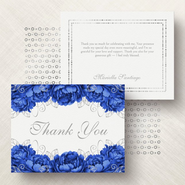 Royal Blue Eleganto Floral Quinceanera Dankeskarte (Von Creator hochgeladen)
