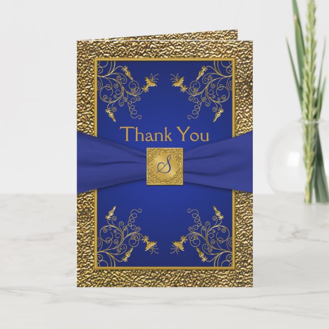 Royal Blue et Gold Monogramme Carte de remerciemen (Devant)