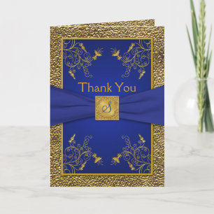 Royal Blue et Gold Monogramme Carte de remerciemen