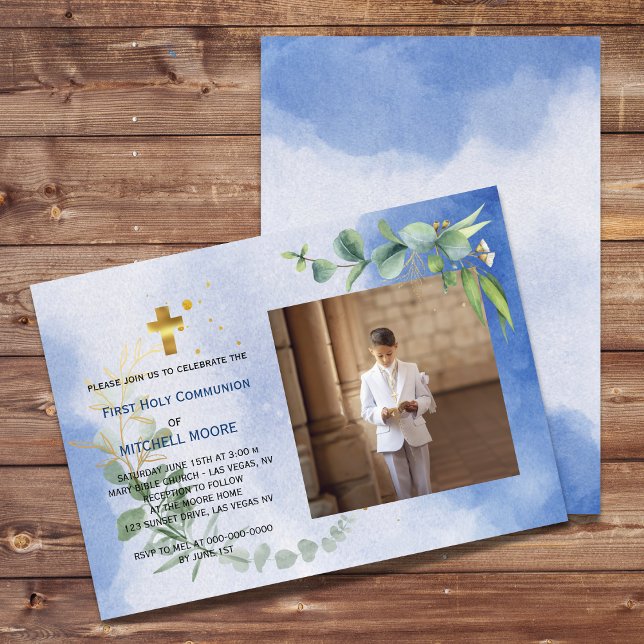 Royal Blue Eucalyptus First Holy Communion Foto Einladung (Von Creator hochgeladen)
