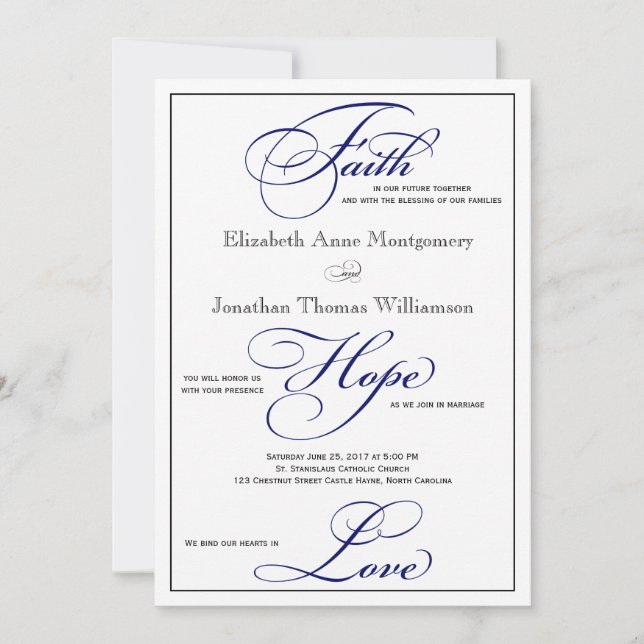 Royal Blue Faith Hope Liebe Hochzeit Einladung (Vorderseite)