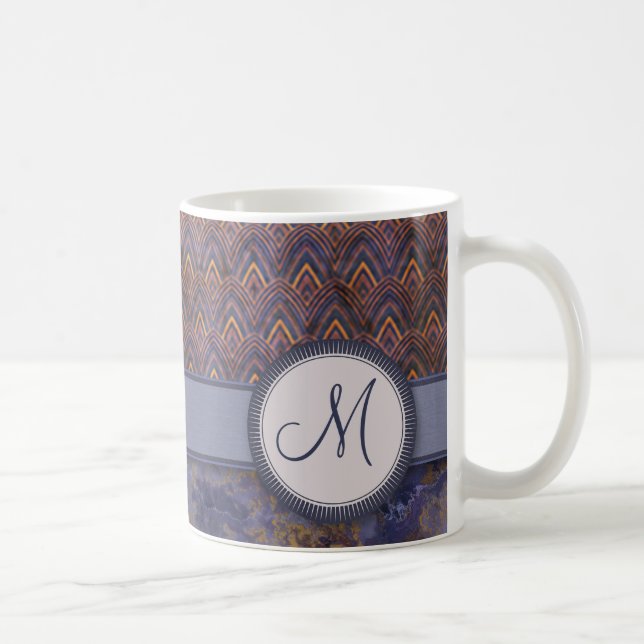 Royal Blue Feather Pattern mit Monogram Kaffeetasse (Rechts)