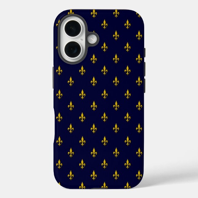 Royal Blue Fleur De Lis Pattern iPhone 16 Hülle (Rückseite)