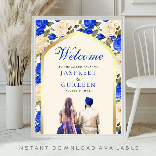 Royal Blue Floral Anand Karaj Wedding Welcome Sign Poster