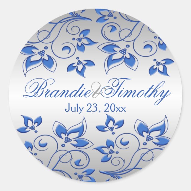 Royal Blue Floral and Silver 1,5" Round Aufkleber (Vorderseite)