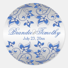 Royal Blue Floral and Silver 1,5" Round Aufkleber