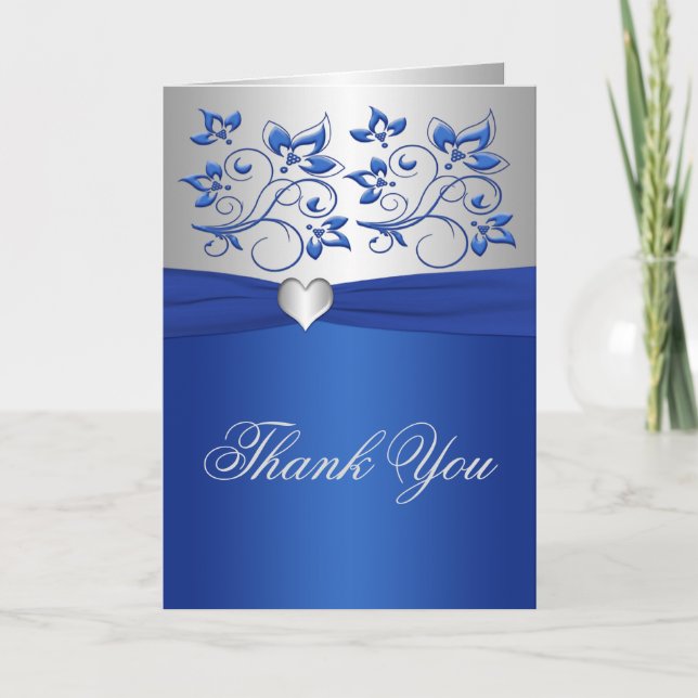 Royal Blue Floral and Silver Heart Dankeschön Kart Dankeskarte (Vorderseite)
