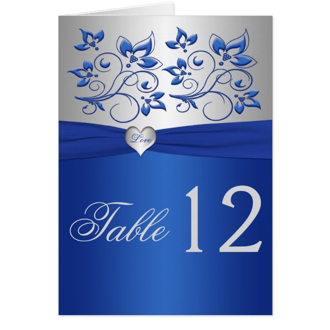 Royal Blue Floral and Silver Heart Tischnummer (Vorne)
