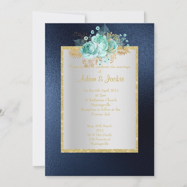 ROYAL BLUE Floral aqua ELEGANT CLASSY WEDY Einladung (Vorderseite)