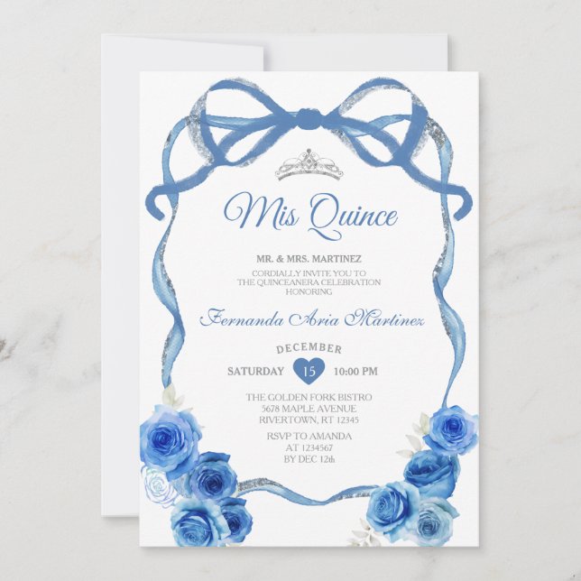 Royal Blue Floral Bow Ribbon Silver Mis Quince Einladung (Vorderseite)