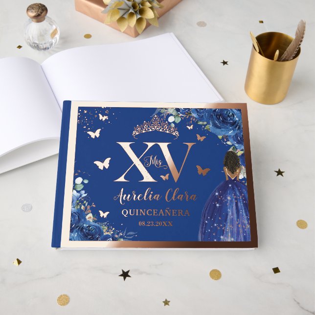 Royal Blue Floral Brown Girl Quinceañera Rose Gold Gästebuch (Vorderseite offen)