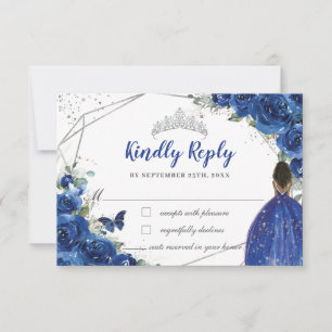 Royal Blue Floral Brown Princess Quinceañera XV 16 RSVP Karte