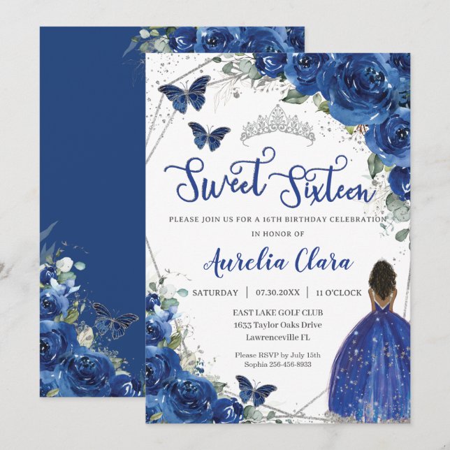 Royal Blue Floral Brown Princess Sweet 16 Geburtst Einladung (Vorne/Hinten)
