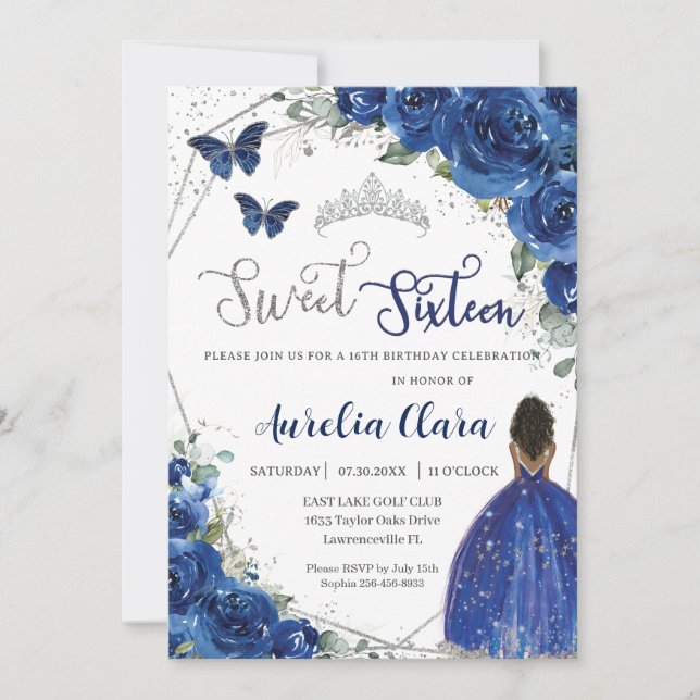 Royal Blue Floral Brown Princess Sweet 16 Geburtst Einladung (Vorderseite)