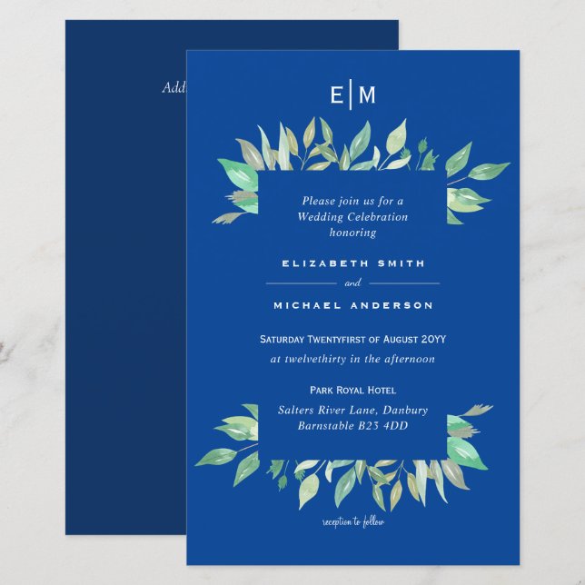 Royal Blue Floral Budget Hochzeit Einladung A9 (Vorne/Hinten)