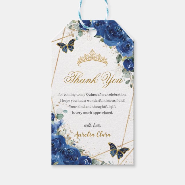 Royal Blue Floral Butterfells Quinceañera Birthday Geschenkanhänger (Vorderseite)