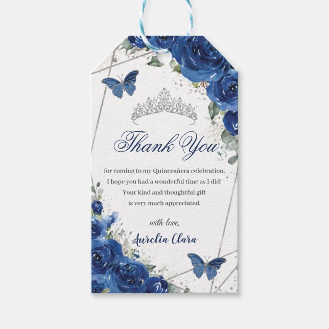 Royal Blue Floral Butterfells Quinceañera Birthday Geschenkanhänger (Vorderseite)