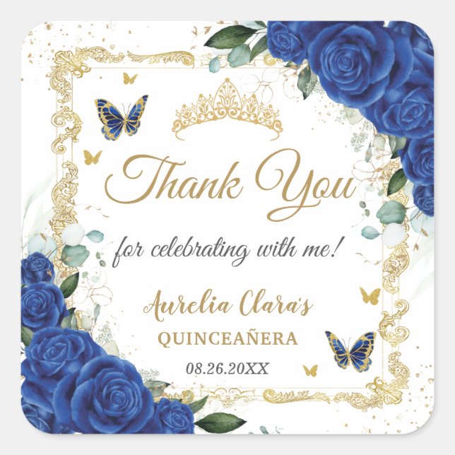 Royal Blue Floral Butterflies Gold Quinceñera 16 Quadratischer Aufkleber (Vorderseite)
