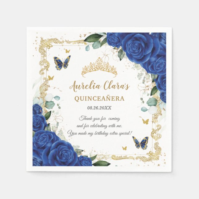 Royal Blue Floral Butterflies Gold Quinceñera 16 Serviette (Vorderseite)